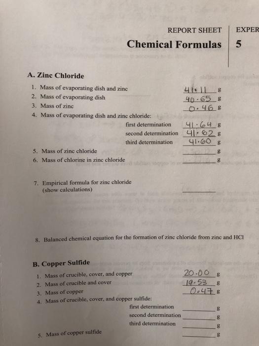 Solved REPORT SHEET Chemical Formulas EXPER 5 A. Zinc