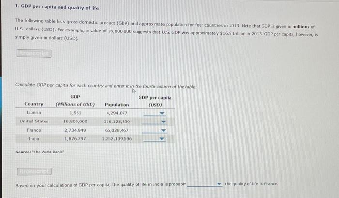 Solved 1. GDP per capita and quality of life The following | Chegg.com