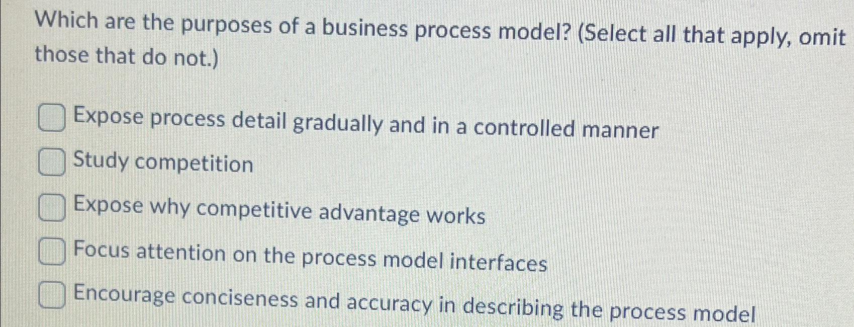 Solved Which are the purposes of a business process model? | Chegg.com