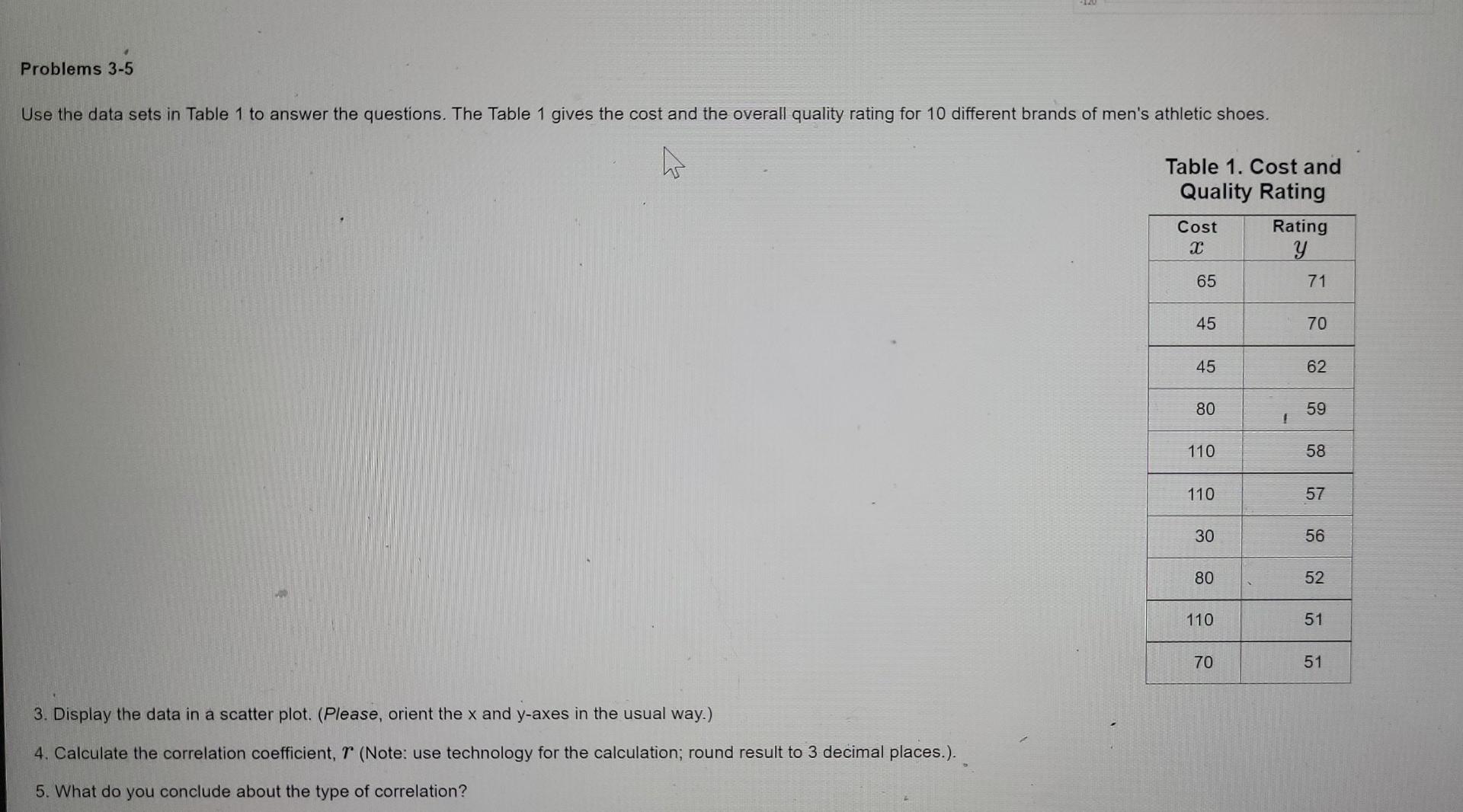 Solved Problems 3-5 Use the data sets in Table 1 to answer | Chegg.com
