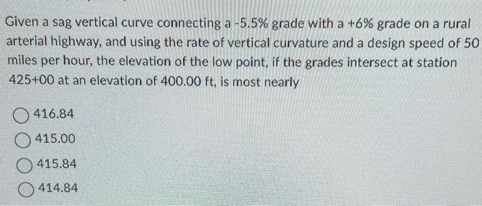 Solved Given A Sag Vertical Curve Connecting A −5.5% Grade | Chegg.com