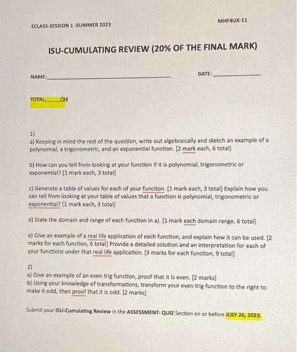 Solved ISU-CUMULATING REVIEW ( 20% OF THE FINAL MARK) NAME: | Chegg.com