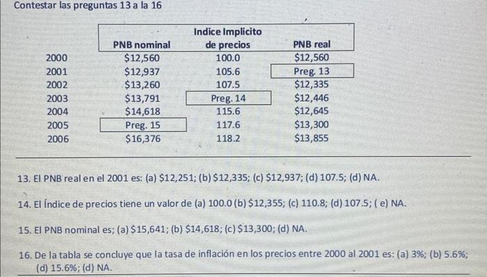 Contestar las preguntas 13 a la 16 13. El PNB real en el 2001 es: (a) \( \$ 12,251 \); (b) \( \$ 12,335 \); (c) \( \$ 12,937