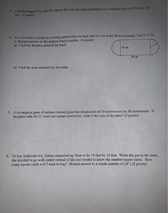 Solved 3. Find the length of a side of a square that has the | Chegg.com