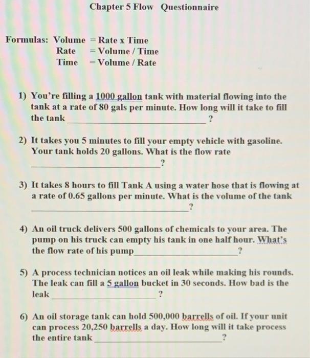 Solved Chapter 5 Flow Questionnaire Formulas: Volume = Rate | Chegg.com