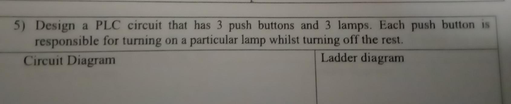 Solved 5) Design a PLC circuit that has 3 push buttons and 3 | Chegg.com