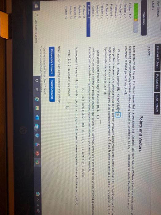 Solved User Settings Grades Previous Problem Problem List | Chegg.com