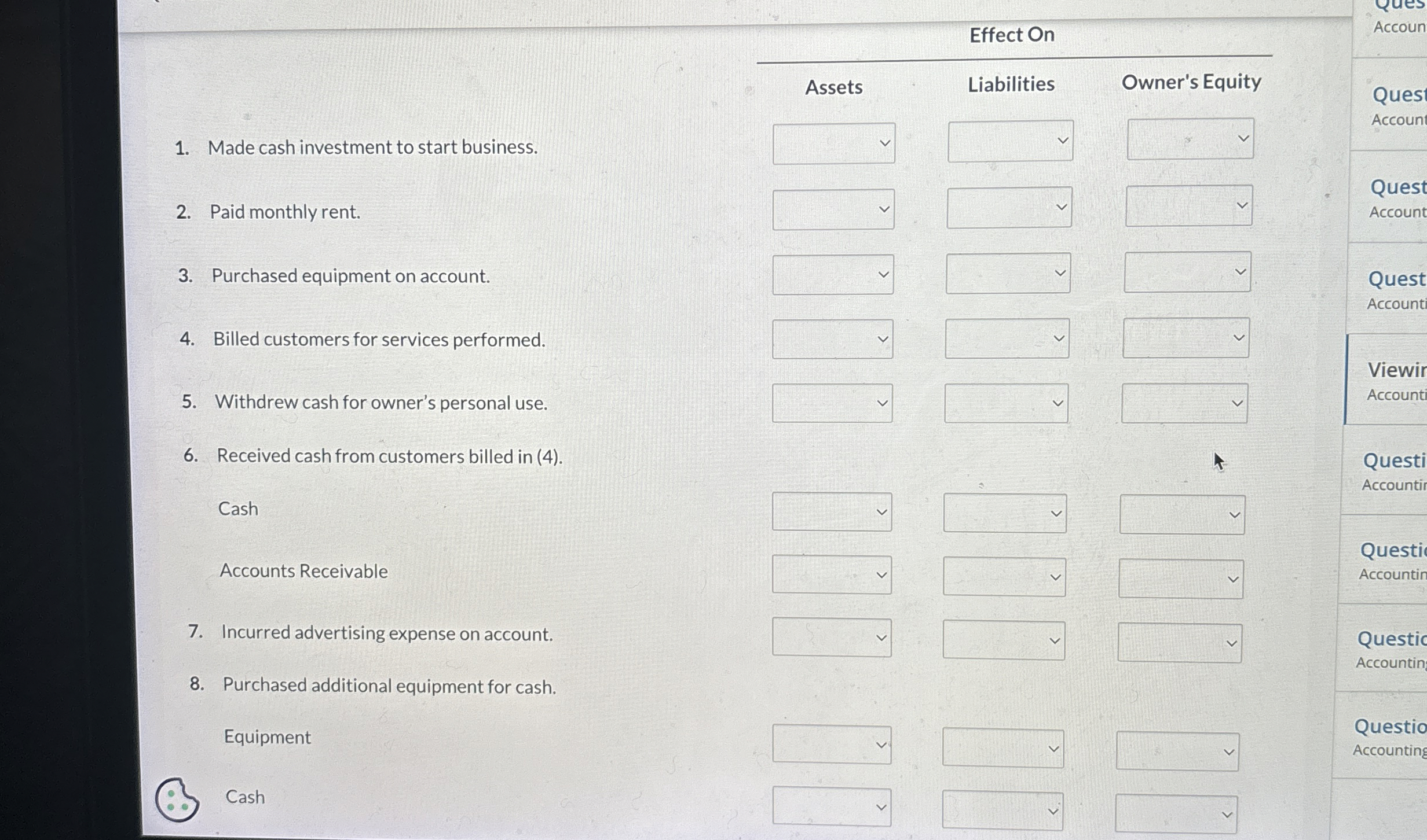 Solved Effect OnMade cash investment to start business.Paid