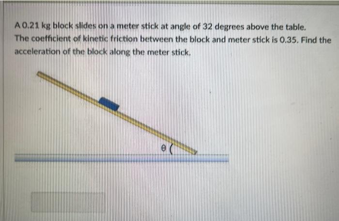 A 0.21 kg block slides on a meter stick at angle of 32 degrees above the table. The coefficient of kinetic friction between t
