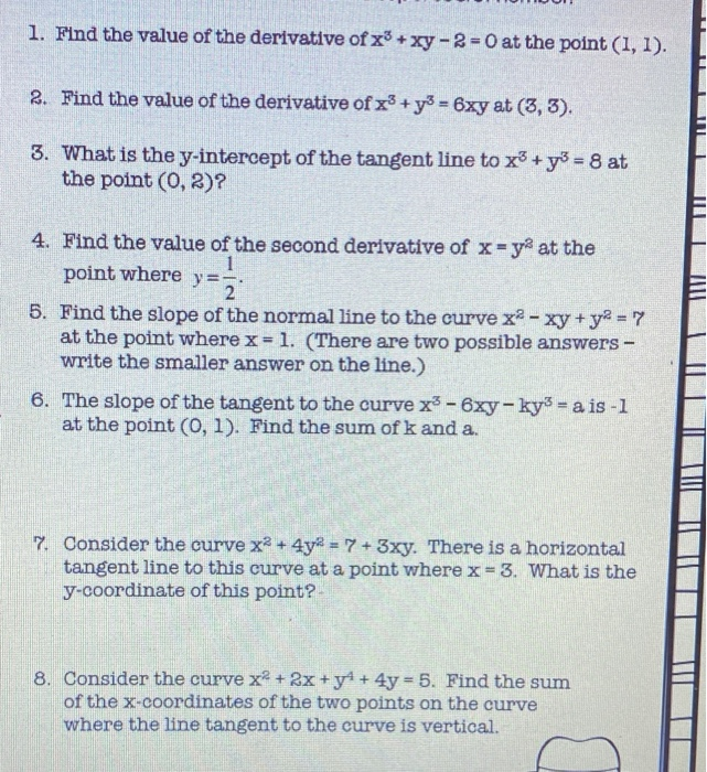 Solved 1. Find the value of the derivative of x3 + xy 2 =