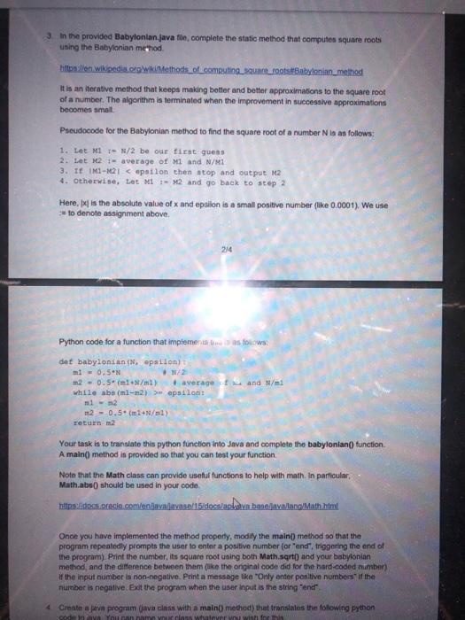 Solved 3. In the provided Babylonian.java fe, complete the | Chegg.com