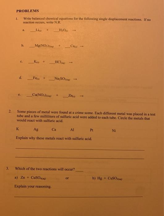 Solved PROBLEMS 1. Write balanced chemical equations for the | Chegg.com