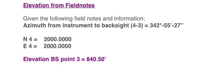 Solved Elevation from Fieldnotes Given the following field | Chegg.com