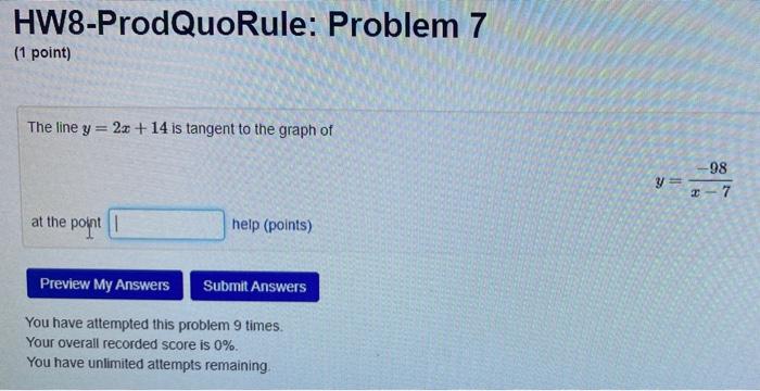 Solved HW8-ProdQuoRule: Problem 7 (1 point) The line y=2x+14 | Chegg.com