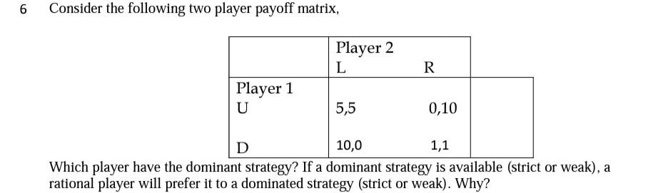Solved 6 Consider the following two player payoff matrix, | Chegg.com