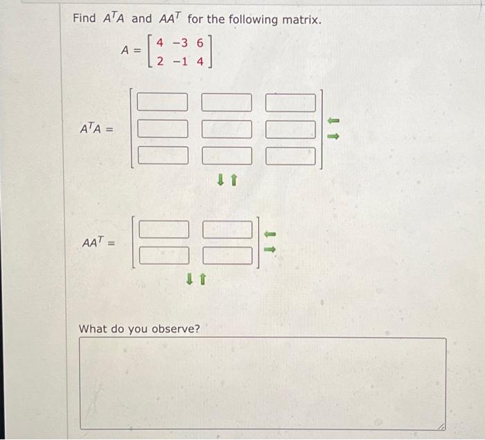 Solved Find ATA and AAT for the following matrix. | Chegg.com