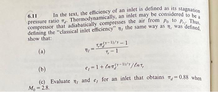 Solved 6.11 In the text, the efficiency of an inlet is | Chegg.com