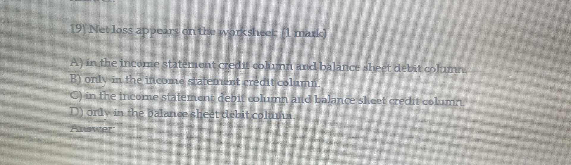 Solved 19) Net loss appears on the worksheet (1 mark) A) in
