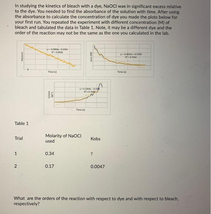 Solved In studying the of bleach with a dye, NaOCI