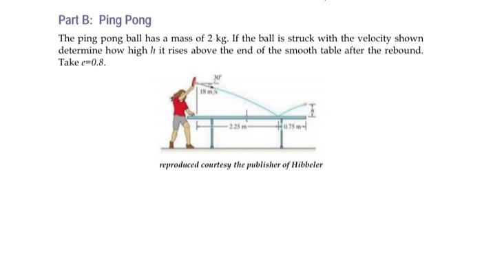 Part B: Ping Pong
The ping pong ball has a mass of \( 2 \mathrm{~kg} \). If the ball is struck with the velocity shown determ