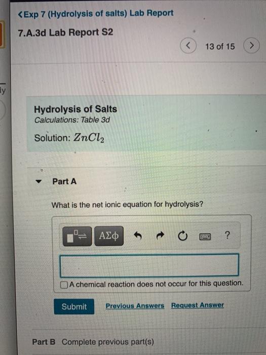 Solved у Hydrolysis of Salts Calculations Table 3d