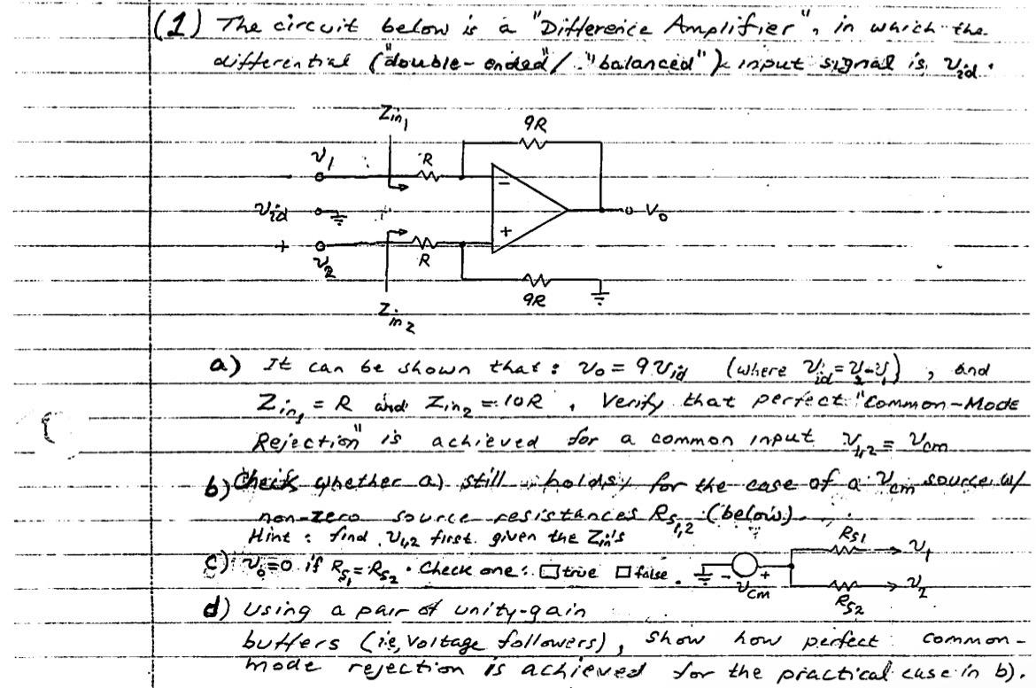 Solved 1 The Circuit Below Is A Differerice Amplifier