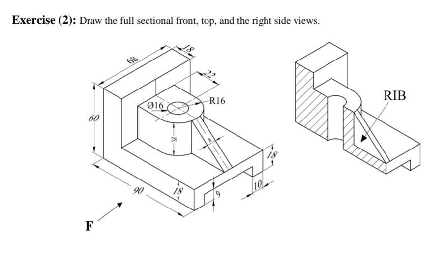 Solved Exercise (2): Draw the full sectional front, top, and | Chegg.com