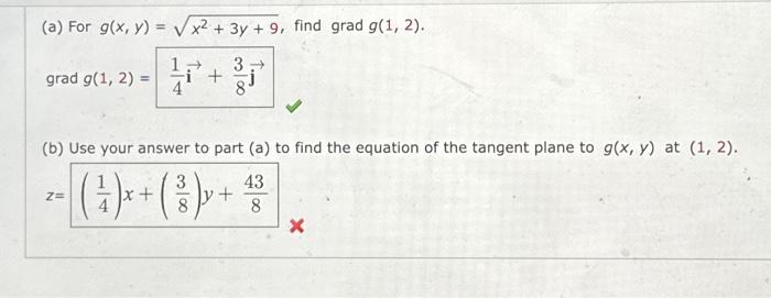 (a) For g(x, y) = √√x² + 3y + 9, find grad g(1, 2). 1 | Chegg.com