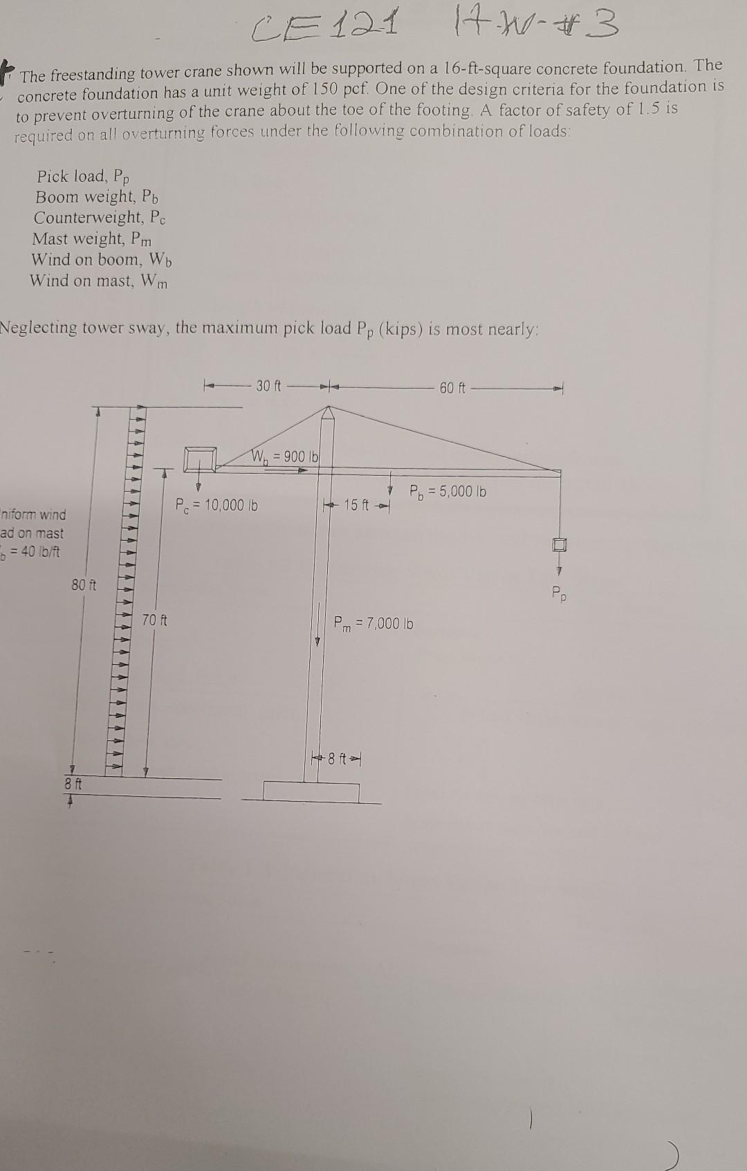 The freestanding tower crane shown will be supported on a 16-ft-square concrete foundation. The concrete foundation has a uni