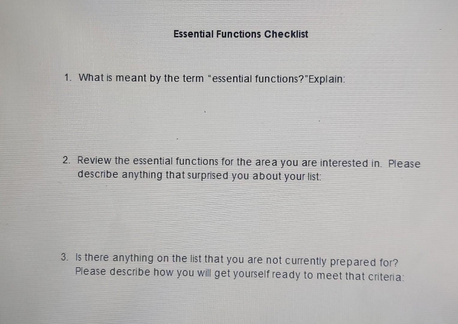 Solved First read the Essential Functions for the Career you | Chegg.com
