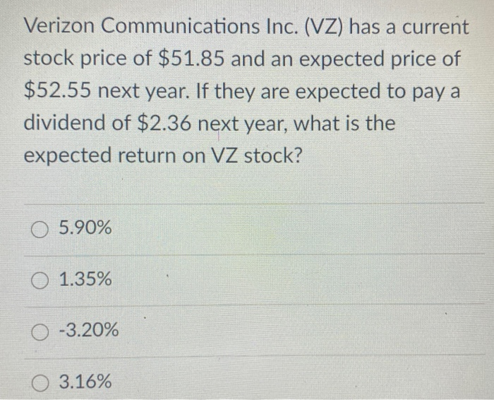 Solved Verizon Communications Inc. (VZ) Has A Current Stock | Chegg.com