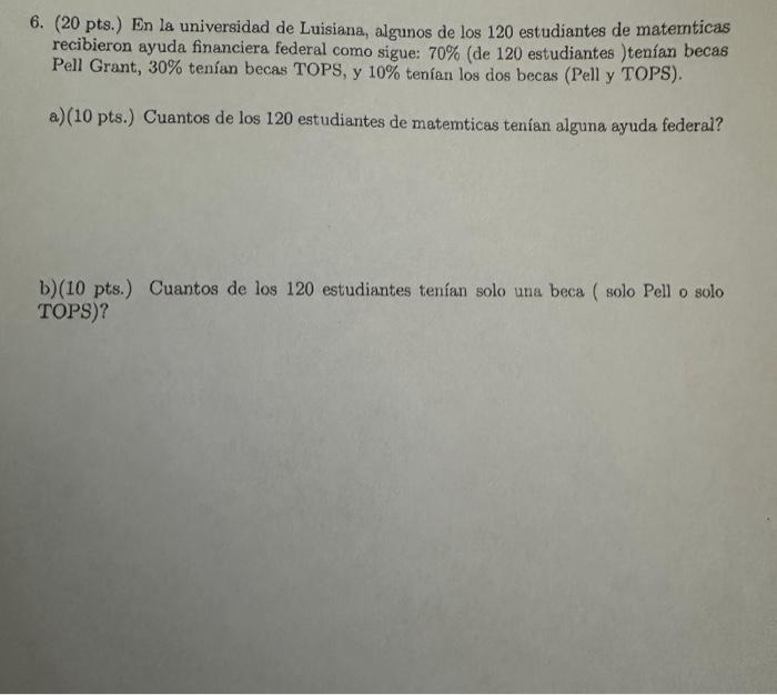 6. (20 pts.) En la universidad de Luisiana, algunos de los 120 estudiantes de matemticas recibieron ayuda financiera federal