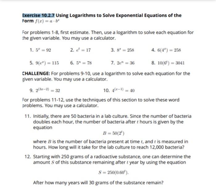 Solved Exercise 10.2.7 Using Logarithms to solve Exponential | Chegg.com