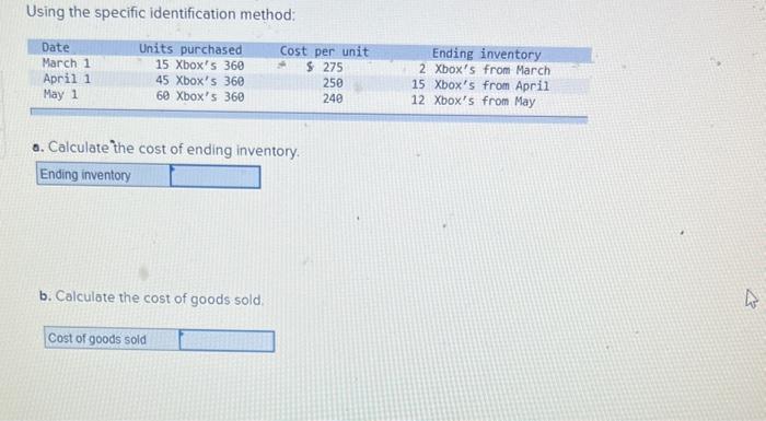 Using the specific identification method:
a. Calculate the cost of ending inventory.
b. Calculate the cost of goods sold: