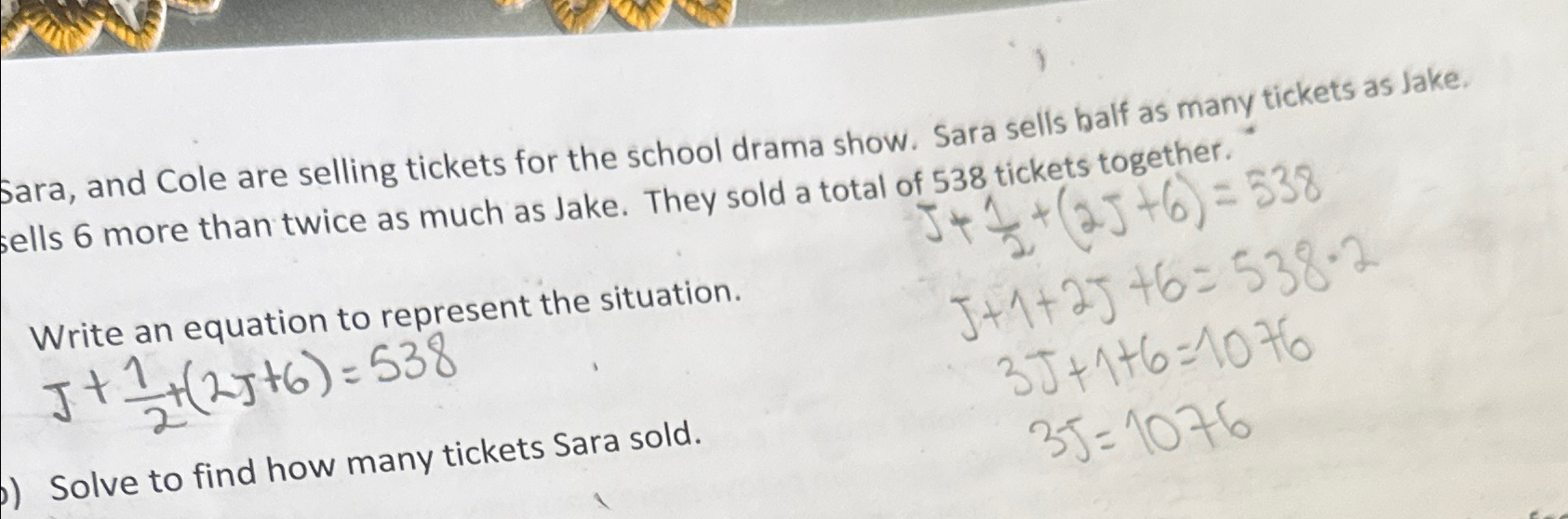 Solved Sara, and Cole are selling tickets for the school | Chegg.com