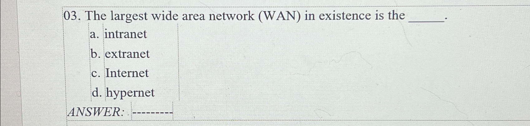 Solved The largest wide area network (WAN) ﻿in existence is | Chegg.com