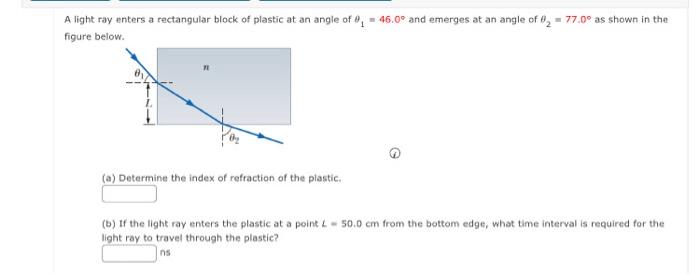 Solved A light ray enters a rectangular block of plastic at | Chegg.com