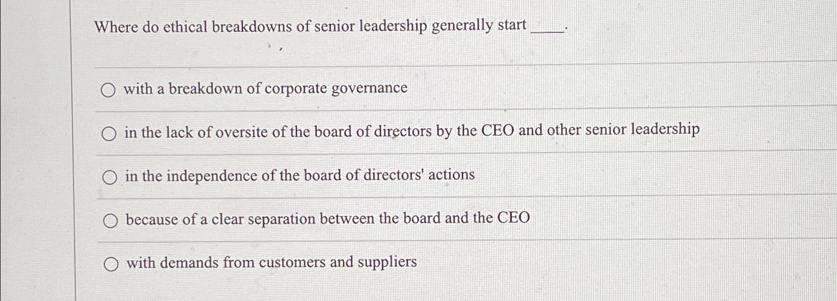 Solved Where do ethical breakdowns of senior leadership | Chegg.com