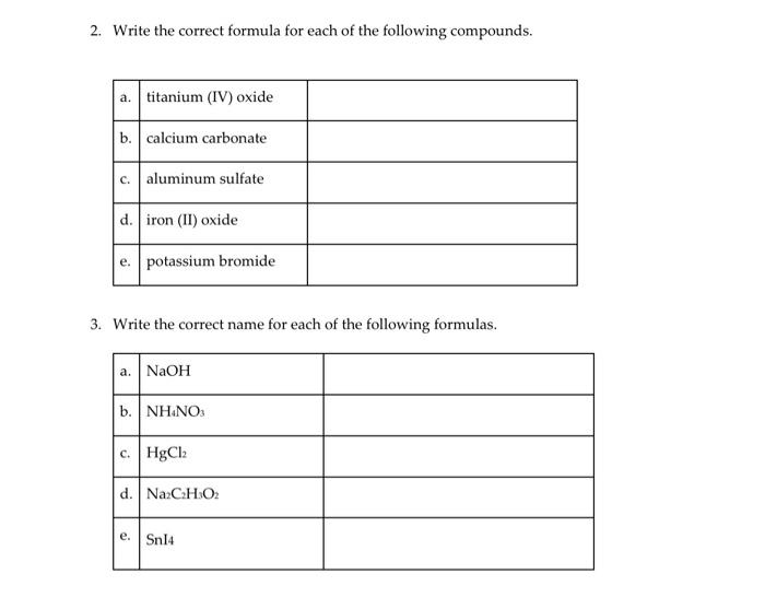 2. Write the correct formula for each of the | Chegg.com