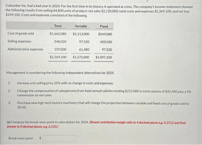 Solved Cullumber Inc. had a bad year in 2024. For the first