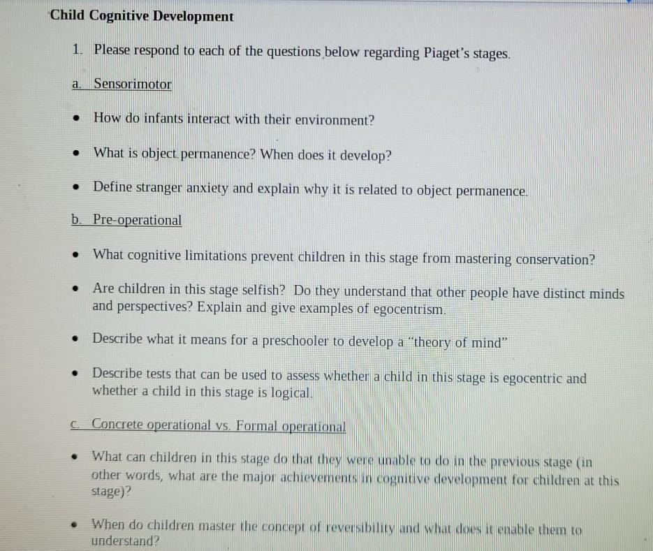 Solved Child Cognitive Development 1. Please respond to each