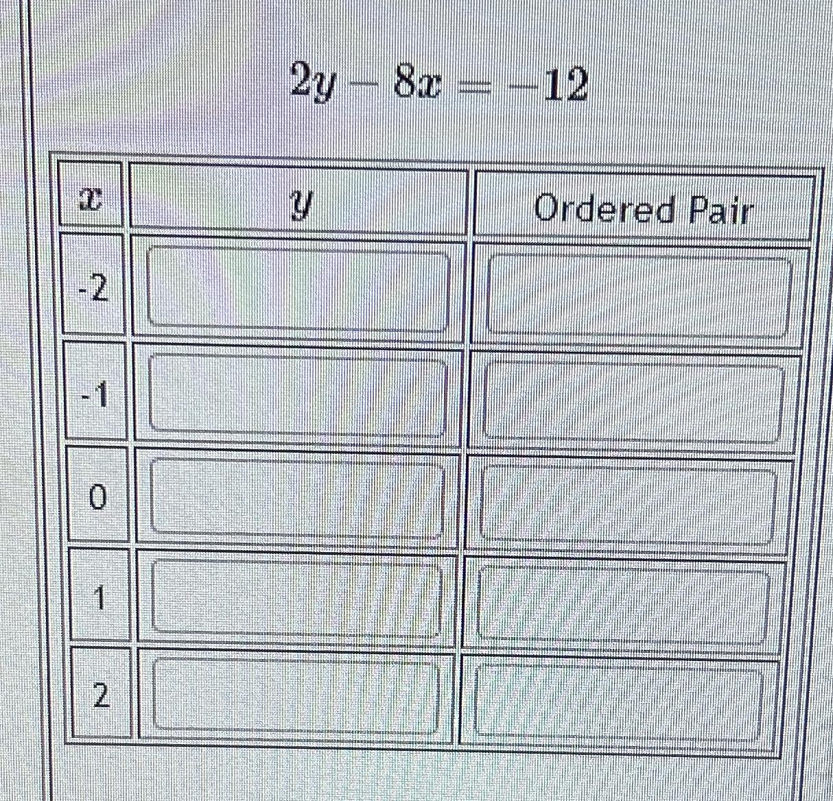 2y-8x=-12\table[[x,y,Ordered Pair],[-2,,]] | Chegg.com