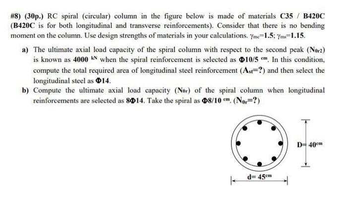 Solved \#8) (30p.) RC spiral (circular) column in the figure | Chegg.com