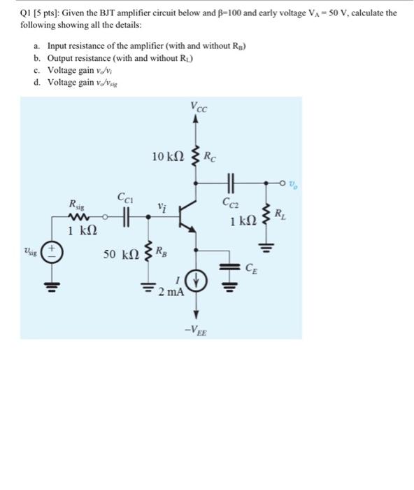 Solved Q1 [5 pts] Given the BJT amplifier circuit below and