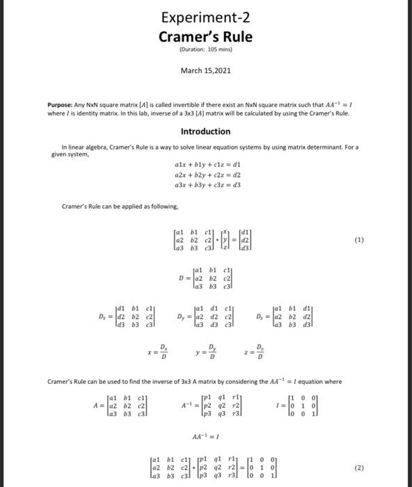 Solved Experiment-2 Cramer's Rule Duration: 105 mins March | Chegg.com