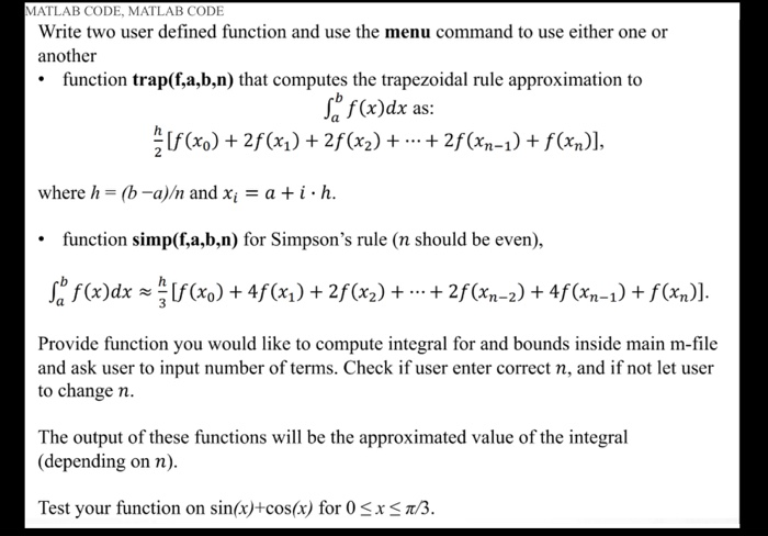 Solved Matlab Code Matlab Code Write Two User Defined Fu Chegg Com