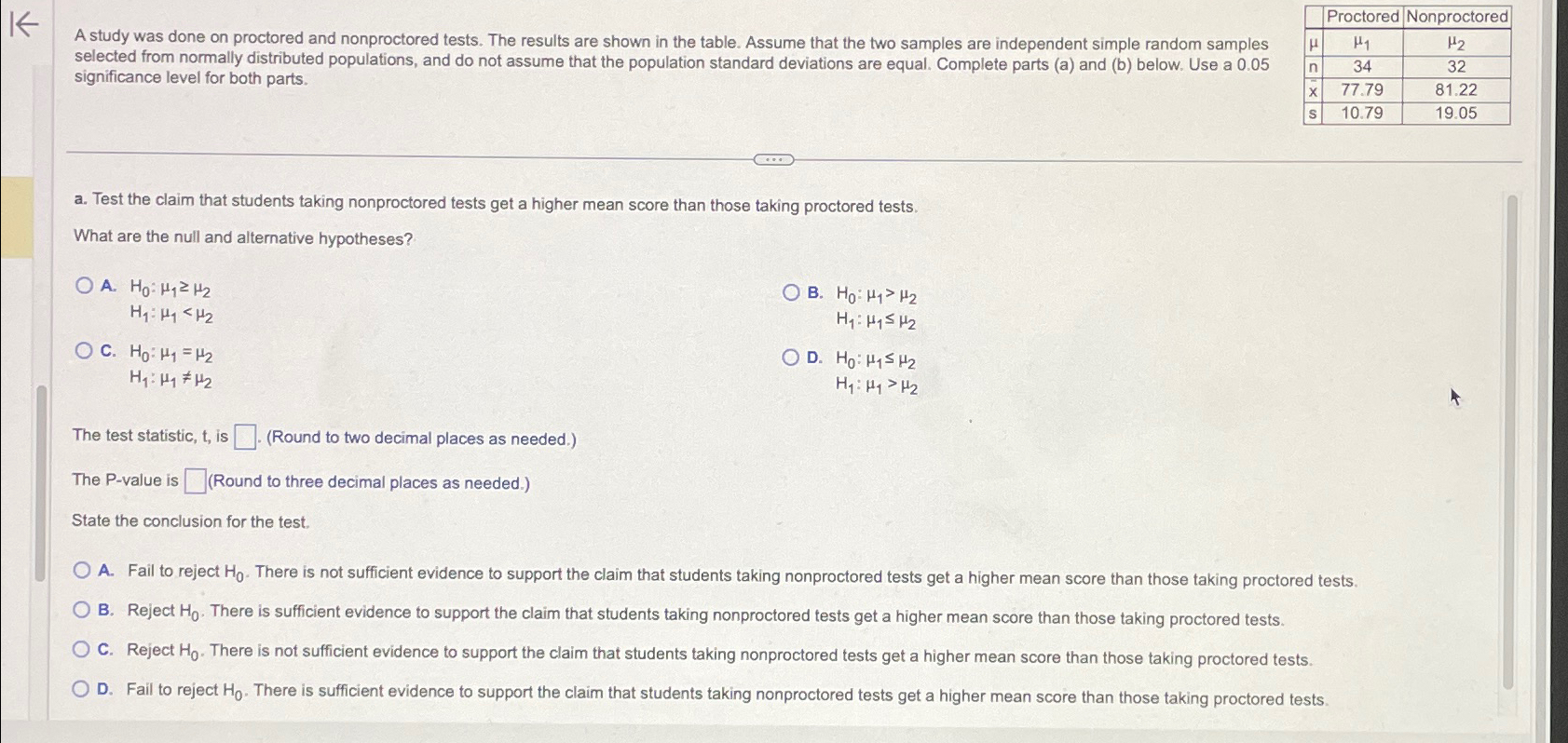 Solved A study was done on proctored and nonproctored tests. | Chegg.com