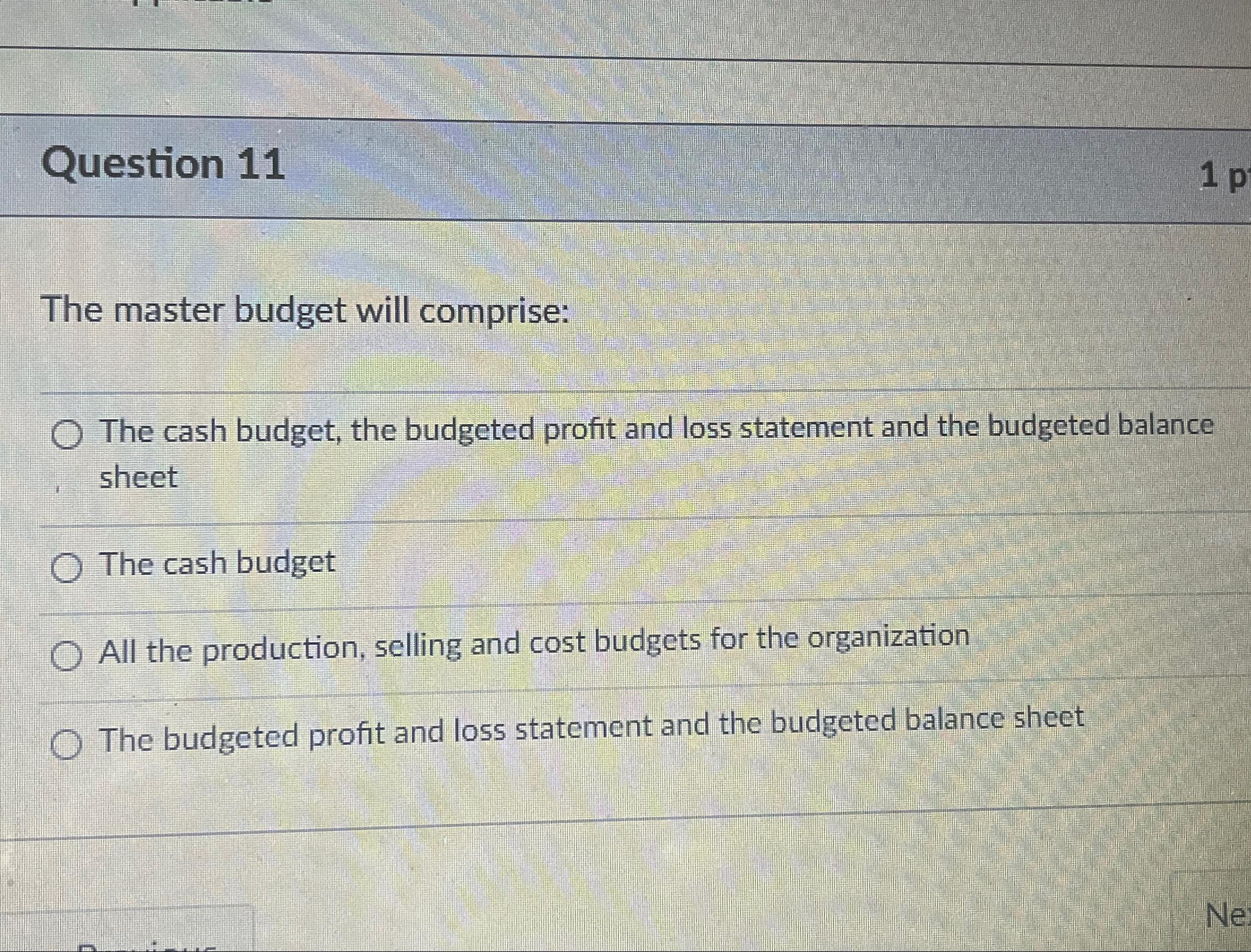 Solved Question 11The Master Budget Will Comprise:The Cash | Chegg.com