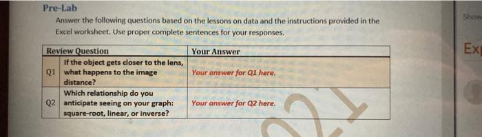 Solved Pre-Lab Answer the following questions based on the | Chegg.com