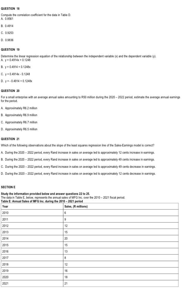 QUESTION 18Compute the correlation coefficient for | Chegg.com